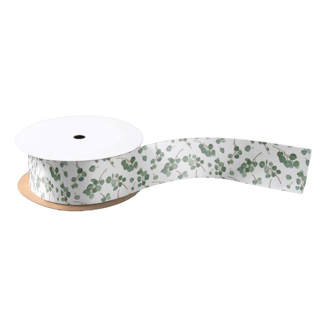 Eucalyptus Silver Dollar Tree Foliage Pattern Satin Ribbon (Spool)
