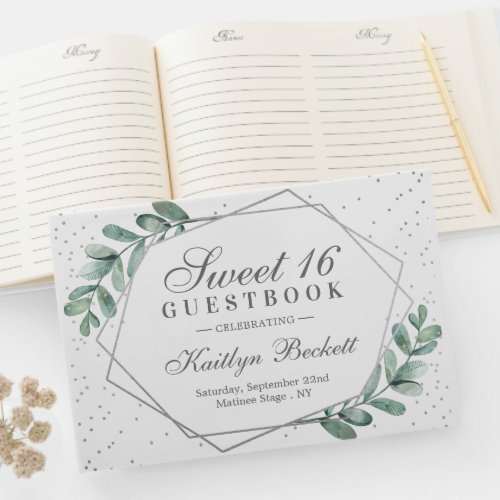 Eucalyptus Silver Geometric Sweet Sixteen Guest Book