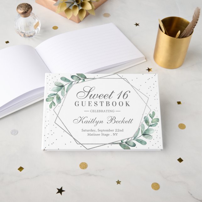 Eucalyptus Silver Geometric Sweet Sixteen Guest Book (Front Open)