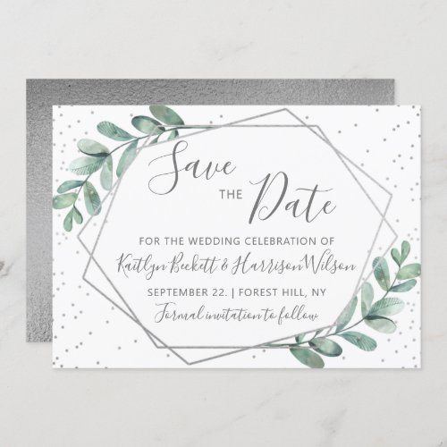 Eucalyptus Silver Geometric Wedding Save The Date