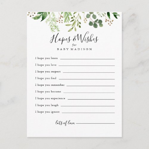 Eucalyptus Simple Baby Shower Hopes  Wishes Card