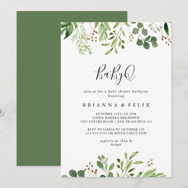 Eucalyptus Simple BabyQ Baby Shower Barbecue Invitation (Front/Back)