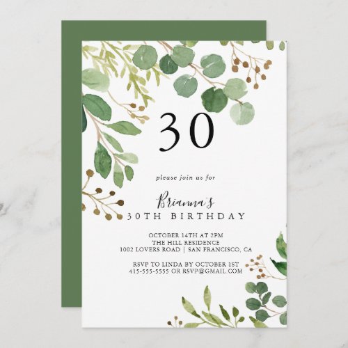 Eucalyptus Simple Brown Floral 30th Birthday Party Invitation