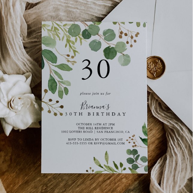 Eucalyptus Simple Brown Floral 30th Birthday Party Invitation (Creator Uploaded)