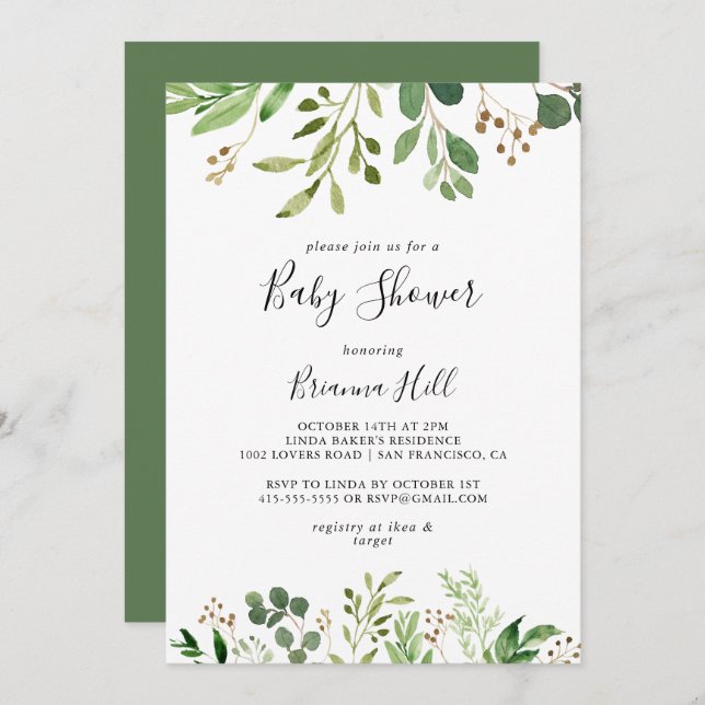Eucalyptus Simple Brown Floral Baby Shower Invitation (Front/Back)