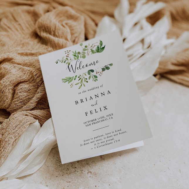 Eucalyptus Simple Brown Floral Folded Wedding Program (Creator Uploaded)