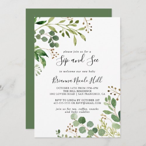Eucalyptus Simple Brown Floral Sip and See Invitation