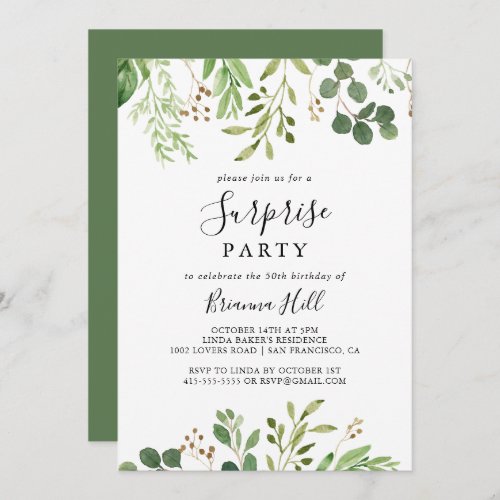 Eucalyptus Simple Brown Floral Surprise Party Invitation