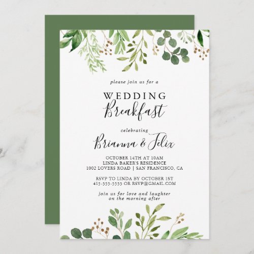 Eucalyptus Simple Brown Floral Wedding Breakfast Invitation