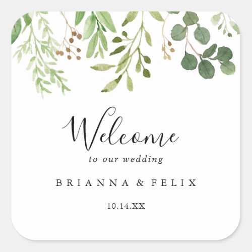 Eucalyptus Simple Brown Floral Wedding Welcome Square Sticker