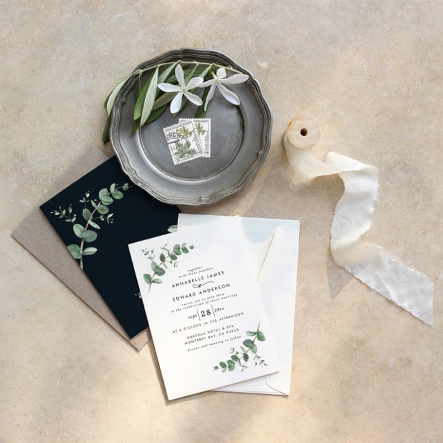 Eucalyptus simple elegant black white modern invitation (Creator Uploaded)