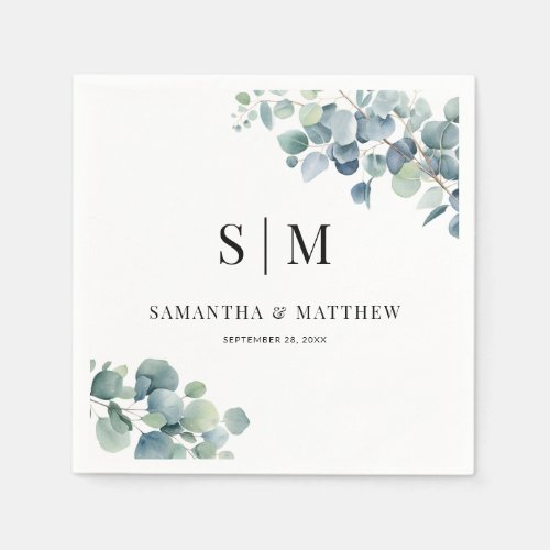 Eucalyptus Simple Elegant Couple Initials Wedding Napkins