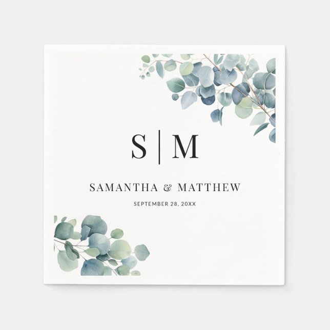 Eucalyptus Simple Elegant Couple Initials Wedding Napkins (Front)
