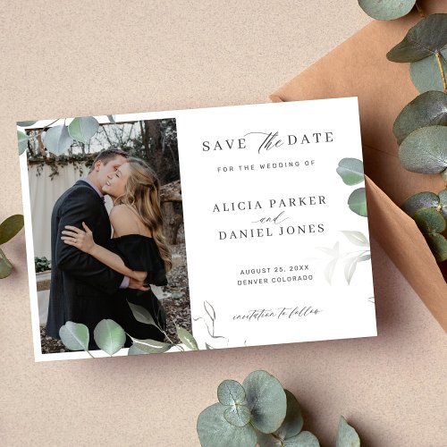 Eucalyptus simple elegant minimalist photo wedding save the date