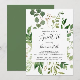 Eucalyptus Simple Floral Sweet 16 Birthday Party Invitation