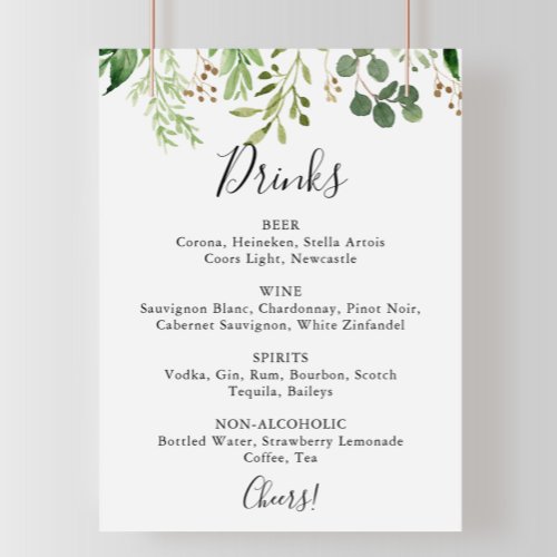 Eucalyptus Simple Floral Wedding Drinks Menu Sign