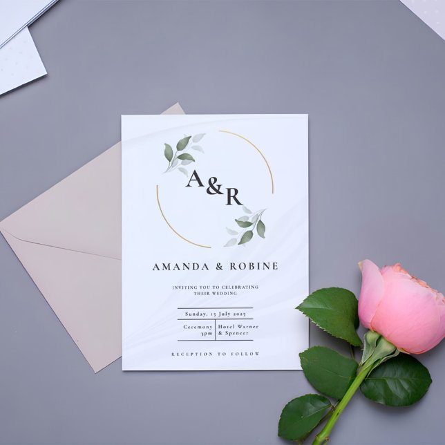 Eucalyptus Simple Minimalist Initials Wedding Invitation (Creator Uploaded)