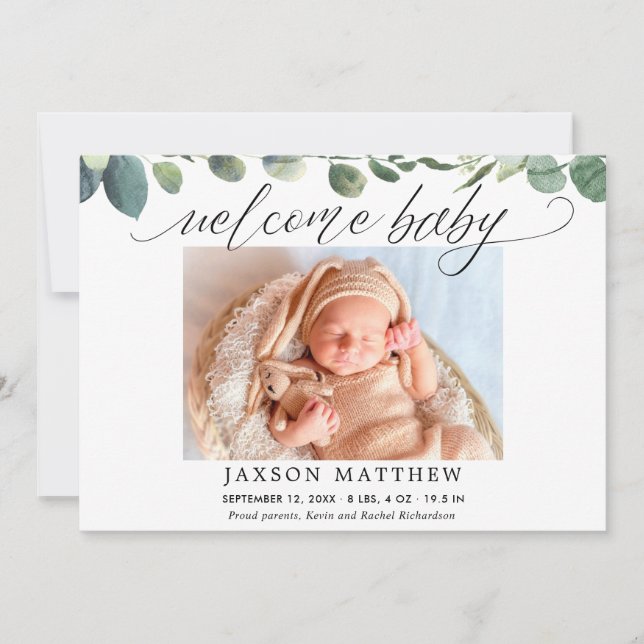 Eucalyptus simple modern baby birth announcement (Front)