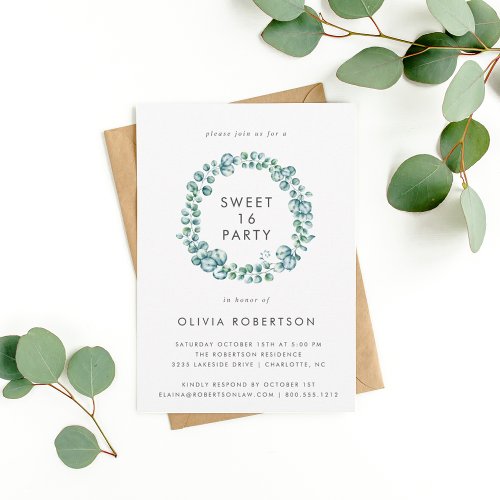 Eucalyptus Simple Sweet 16 Birthday Party  Invitation