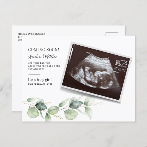 Eucalyptus Sonogram Baby Reveal Pregnancy Announcement Postcard