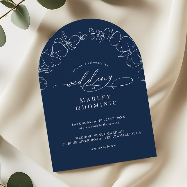 Eucalyptus Springs Script Navy Blue Arch Wedding Invitation (Creator Uploaded)