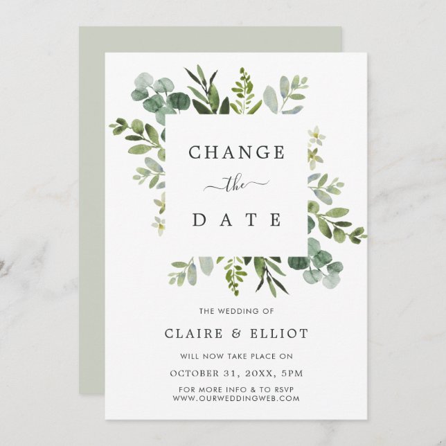 Eucalyptus Square Wreath Change the Date Wedding Invitation (Front/Back)