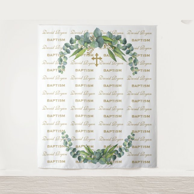 Eucalyptus Step & Repeat Gold Baptism Prop Tapestry (Front)