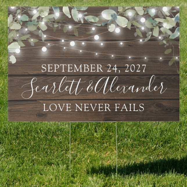 Eucalyptus String Lights Wood Wedding Announcement Sign (Insitu)