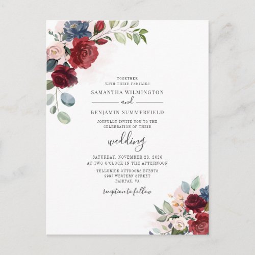 Eucalyptus Succulent Burgundy Floral Wedding Invitation Postcard