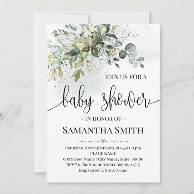 Eucalyptus succulent greenery baby shower invitation (Front)