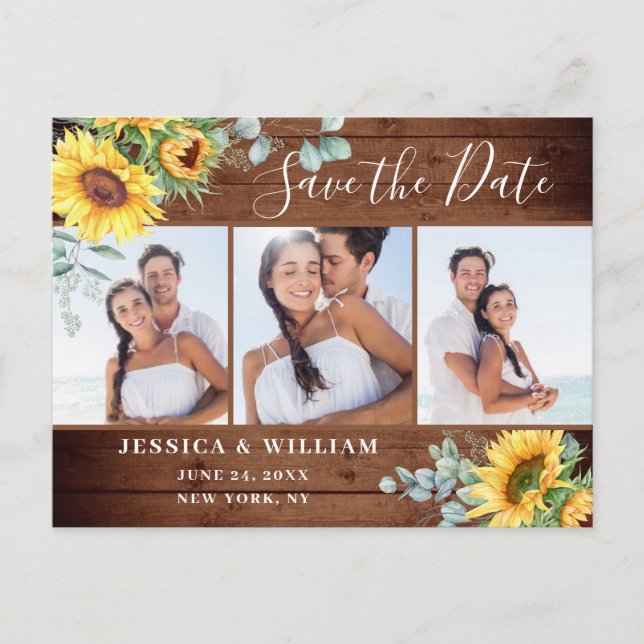 Eucalyptus Sunflower 3 PHOTO Wedding Save the Date Announcement Postcard (Front)