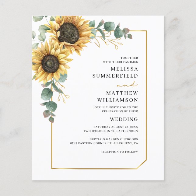 Eucalyptus Sunflower All In One Wedding Invitation (Front)