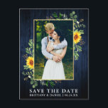 Eucalyptus Sunflower Blue Wood Save The Date Postcard<br><div class="desc">Modern Watercolor Eucalyptus Greenery Sunflowers Frame Save The Date Photo Engagement Announcement Postcard - Gold Frame,  Rustic Country Blue Wood</div>