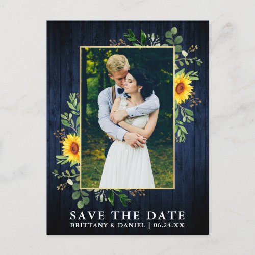 Eucalyptus Sunflower Blue Wood Save The Date Postcard