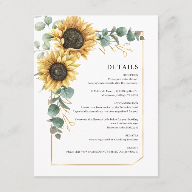 Eucalyptus Sunflower Botanical Wedding Details Enclosure Card (Front)