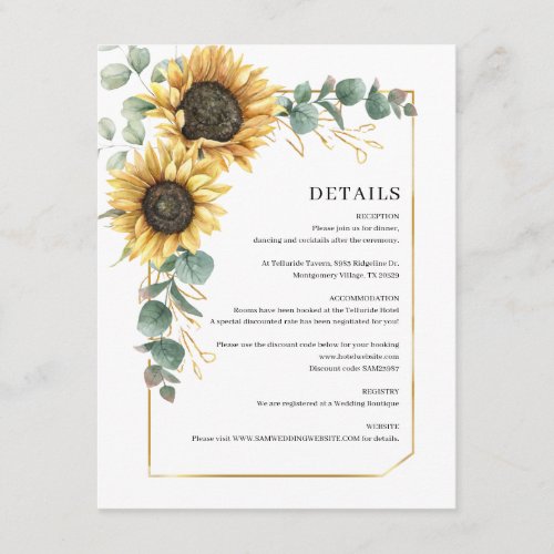 Eucalyptus Sunflower Botanical Wedding Details Enclosure Card