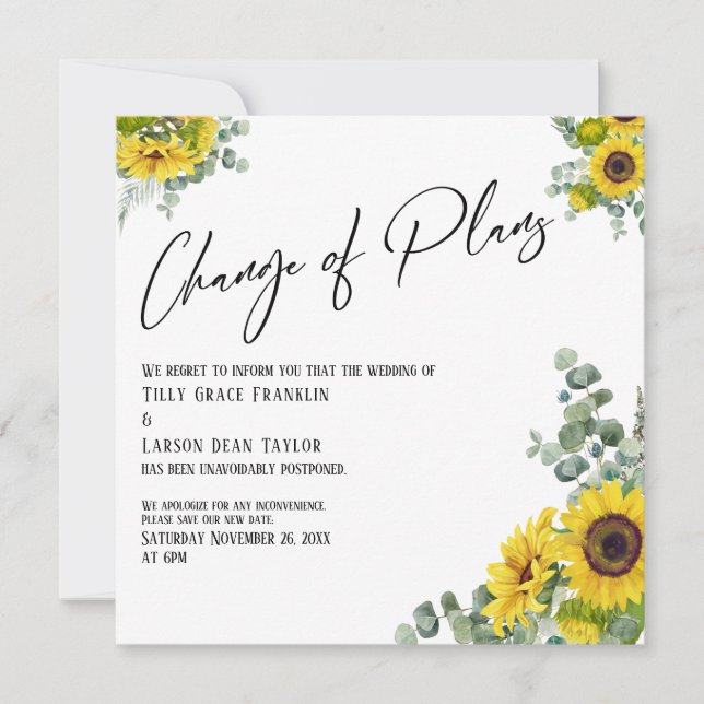 Eucalyptus Sunflower Change of Plans Wedding Card (Front)