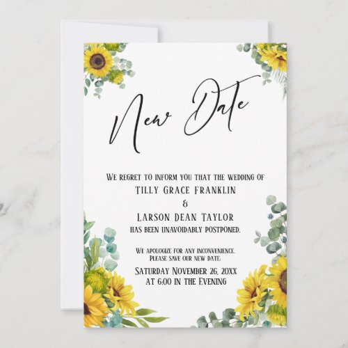 Eucalyptus Sunflower Delayed Wedding New Date Card