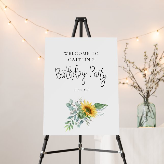 Eucalyptus Sunflower Floral Birthday Party Welcome Foam Board (In Situ (Stand))