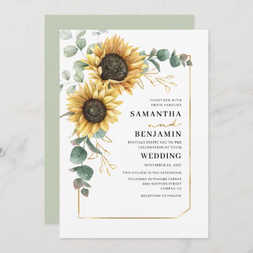 Eucalyptus Sunflower Floral Green Yellow Wedding Invitation