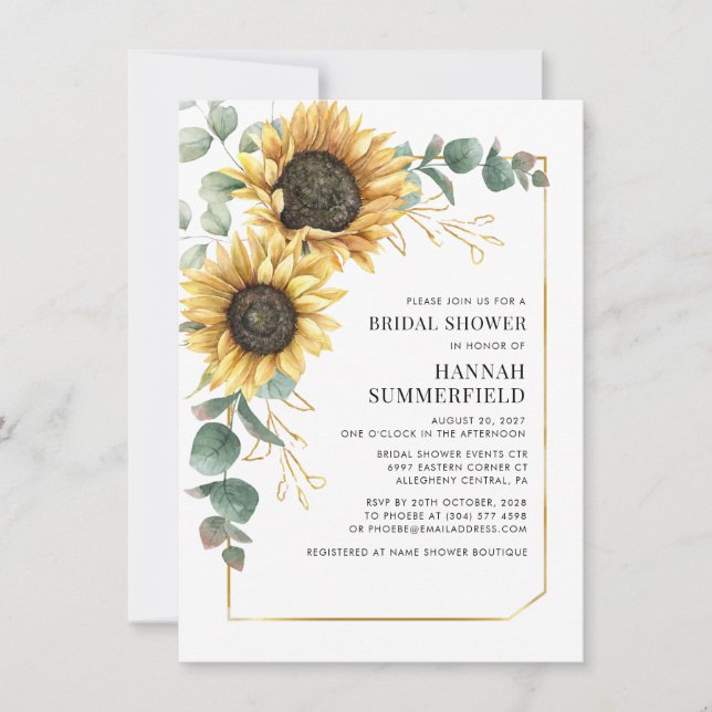 Eucalyptus Sunflower Floral Modern Bridal Shower Invitation (Front)