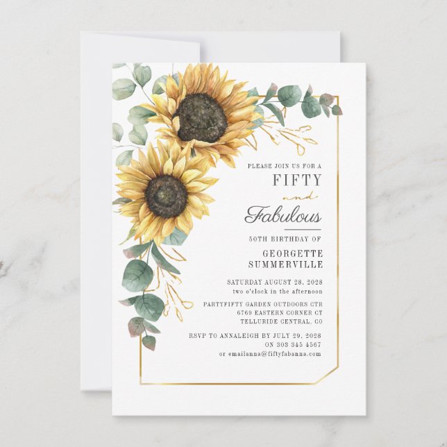 Eucalyptus Sunflower Floral Script 50th Birthday Invitation (Front)