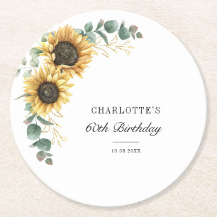 Eucalyptus Sunflower Floral Script 60th Birthday Round Paper Coaster