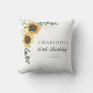 Eucalyptus Sunflower Floral Script 60th Birthday Throw Pillow