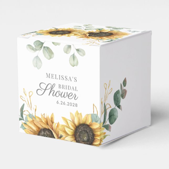 Eucalyptus Sunflower Floral Script Bridal Shower Favor Boxes (Front Side)