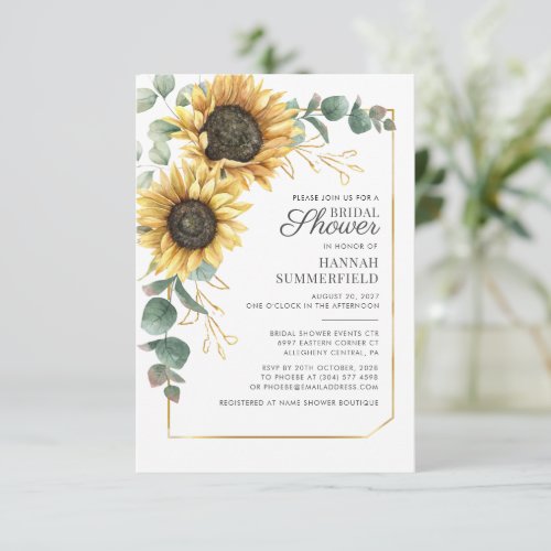 Eucalyptus Sunflower Floral Script Bridal Shower Invitation
