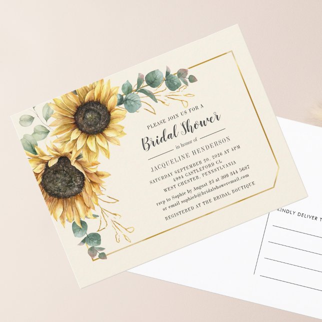 Eucalyptus Sunflower Floral Script Bridal Shower Invitation Postcard