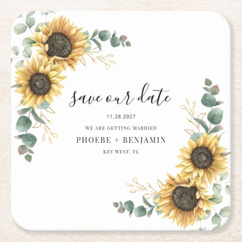 Eucalyptus Sunflower Floral Wedding Save the Date Square Paper Coaster