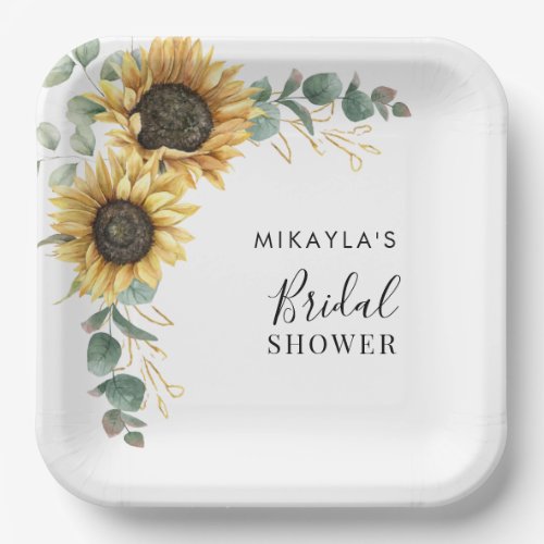 Eucalyptus Sunflower Flowers Bridal Shower Paper Plates