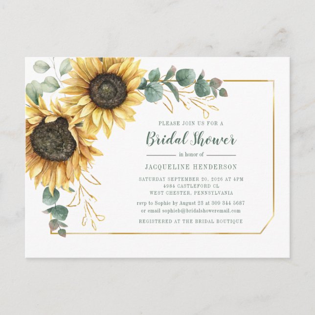 Eucalyptus Sunflower Geometric Bridal Shower Invitation Postcard (Front)